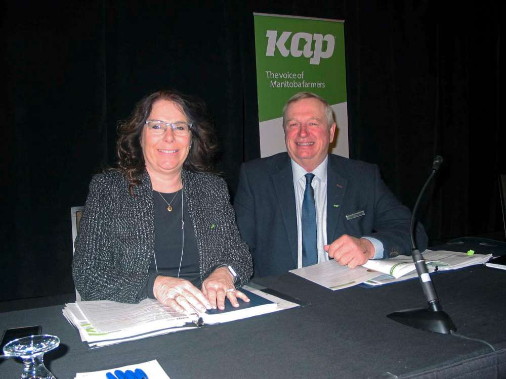 Andrea Geary
Keystone Agricultural Producers vice-president Jill Verwey, who farms with her family near Portage la Prairie, and president Bill Campbell are shown at KAP’s annual general meeting in Winnipeg on Feb. 5.