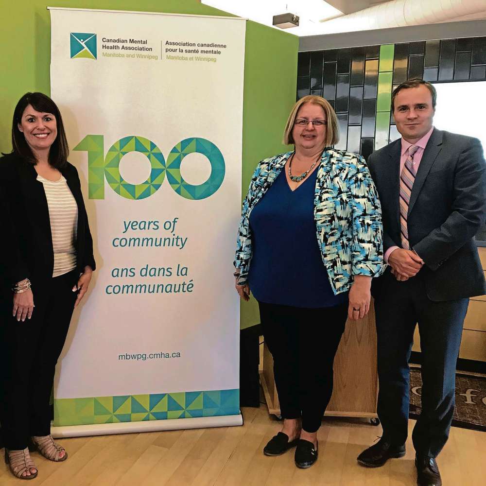 Supplied photo
From left: Marion Cooper, CMHA executive director; Debra Radi, CMHA chairperson; and Evan Johnston, senior vice president and chief legal officer, The Wawanesa Mutual Insurance Company. Wawanesa presented CMHA with $100,000 in celebration of their 100th anniversary.