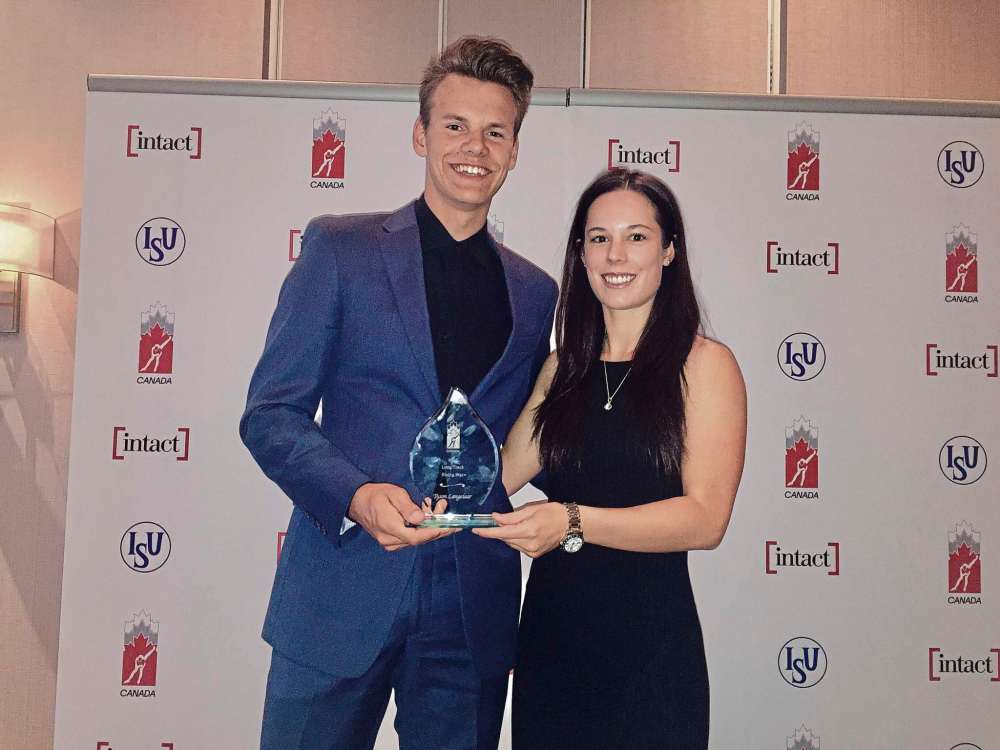 Supplied photo
Tyson Langelaar was named Speed Skating Canada’s 2017 Rising Star on June 9. Elizabeth Williamson Derraugh (right), executive director of the Manitoba Speed Skating Association, presented him with the award.