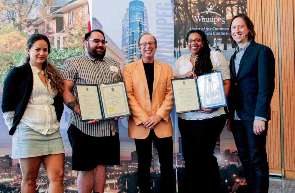 Supplied photo
From left to right: Spence Neighbourhood Association (SNA) board member Etiene Serpa, SNA executive director Jamil Mahmood, Mayor Sam Katz, Daniel McIntyre/St. Matthews Community Association executive director Kemlin Nembhard, DMSMCA board member Sean McManus.