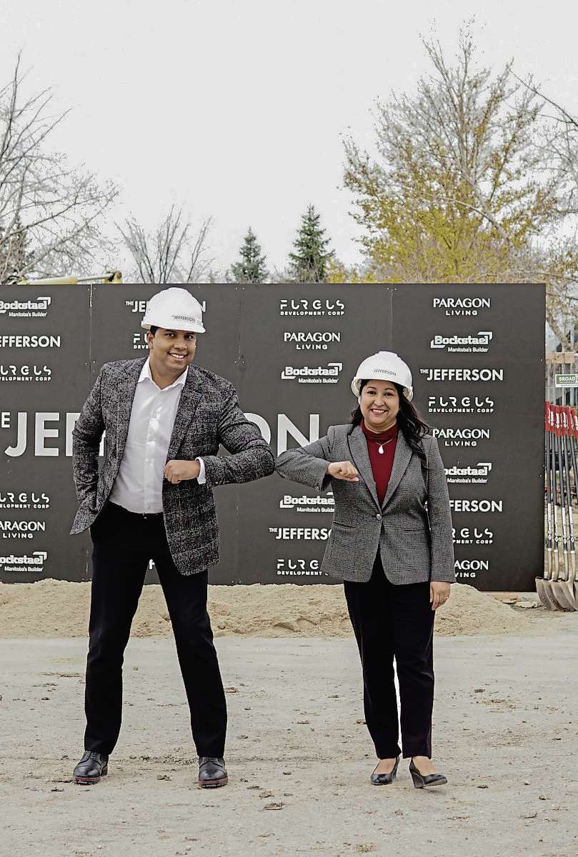 Supplied photo
Nigel Furgus, President of Paragon Design Build, shares an elbow bump with City Councillor Devi Sharma at the official groundbreaking for The Jefferson, a six-storey residential and commercial building going up at 1325 Jefferson Ave.