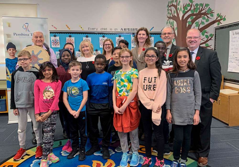 Supplied photo/Pembina Trails School Division
Students, staff, parents, and government officials were on hand for the announcement that Dalhousie School will be one of five new schools to join the province’s Community Schools program. Beginning in 2020, the school will receive an additional $80,000 a year for three years from the government to hire a staff member to serve as a community connector, as well as expand the school’s breakfast program.