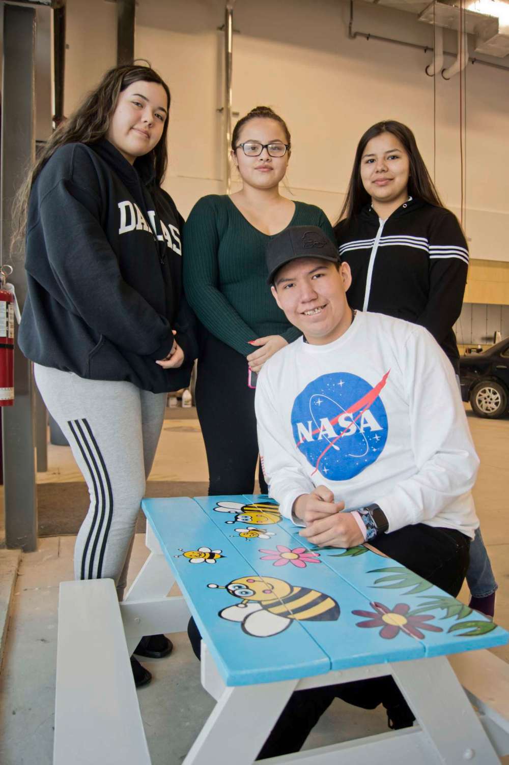 Danielle Da Silva - Sou'wester
Southeast Collegiate students Desni Simard (left), Justice Ross, Alexis Ross, and Cole Keeper helped construct and design five child-sized picnic tables which will be shipped to First Nations communities in northern Manitoba as part of the Indigenous Internship Program at Manitoba Institute of Trades and Technology.