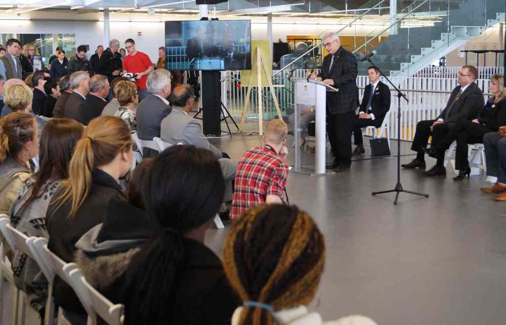 Danielle Da Silva
University of Manitoba president and vice-chancellor Dr. David Barnard addresses a crowd of over 200 people during the grand opening of the Active Living Centre.