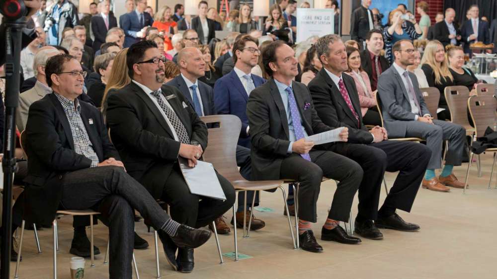 Danielle Da Silva - Sou'wester
Outlet Collection Winnipeg opened on May 3. In attendance, from left, was city councillor Marty Morantz, mall general manager Dimitrios Constantis, Blair Forster of Forster Projects, John Scott and Claude Sirois of Ivanhoe Cambridge, and premier Brian Pallister. (DANIELLE DA SILVA/SOUWESTER/CANSTAR)