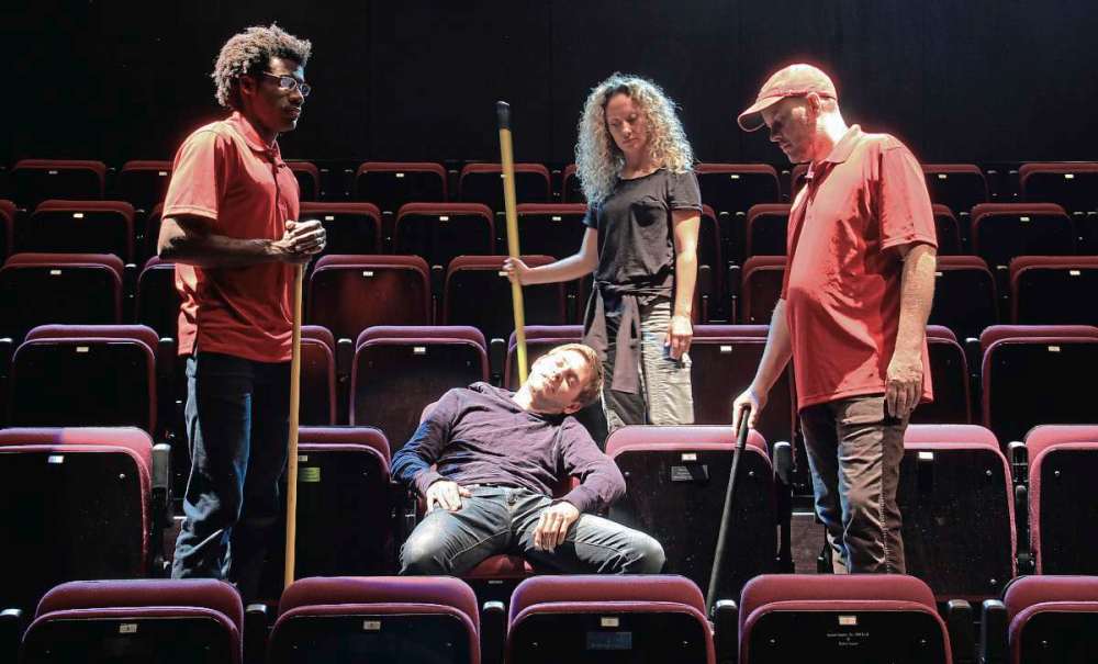 Supplied photo
Pulitzer prize-winning play The Flick will be staged for the first time in Winnipeg at the Rachel Browne Theatre. The show opens on Oct. 18 and is directed by Fort Rouge’s George Toles. Pictured from left to right: Aaron Radwanski as Avery, Thomas Toles as the Dreaming Man, Jen Robinson as Rose, and Ivan Henwood as Sam.
