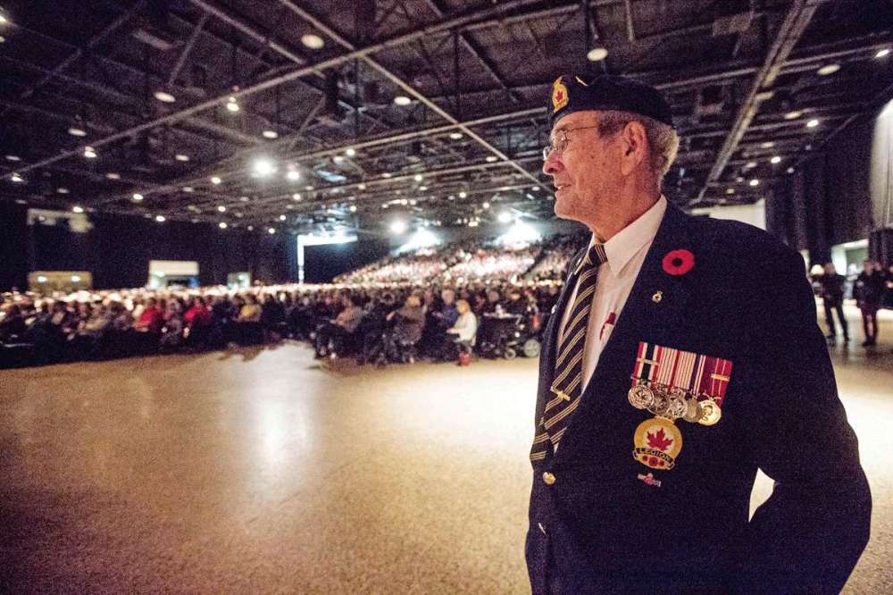 Winnipeg Free Press
Armand Lavallee, chair of the Joint Veterans Association, looks on as thousands of people mark Remembrance Day at the RBC Convention Centre on Nov. 11, 2015.Thousands of people celebrate Remembrance Day at the RBC Convention Centre in Winnipeg on Wednesday, Nov. 11, 2015. (Mikaela MacKenzie/Winnipeg Free Press)