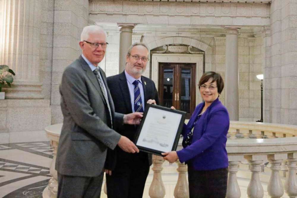 Supplied photo
MLA Flor Marcelino (at right) was joined by (from left) Dr. Michael West and Dr. Neil Berrington at the legislature to recognize Brain Tumour Awareness Week.