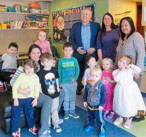 Herald
Elmwood MLA Jim Maloway with students and staff at Can You Imagine Preschool (from left): Marie Baltazar, Jennifer Andreas, and Marivic DeGuzman.