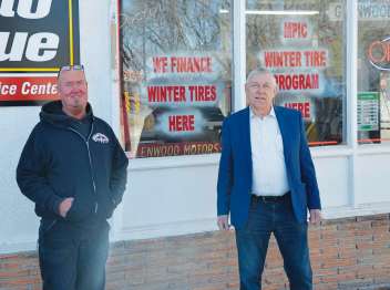 Supplied photo 
Jim with Dwight Rock, owner of Glenwood Motors on Hespeler Avenue at the Redwood Bridge. Criminals can efficiently cut off one pipe and be off with your catalytic converter in under five minutes.