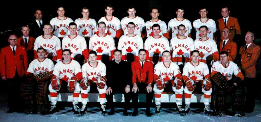 Supplied photo
Canada’s Olympic hockey team 1967-68 (l-r): Front row, Ken Broderick, Gary Dineen, Gerry Pinder, Father David Bauer (special advisor), Jack McLeod (coach and general manager), Morris Mott, Fran Huck, Wayne Stephenson. Middle row, Scotty Clark (trainer), Ken Esdale (assistant trainer), Barry MacKenzie, Terry O’Malley, Danny O’Shea, Brian Glennie, Steve Monteith, Ted Hargreaves, Jean Cusson, Dr. Reid Taylor, Dr. Jack Waugh (team doctors). Back row, Bud Holohan (education advisor), Herb Pinder, Marshall Johnston, Brian Harper, Gary Begg, Ray Cadieux, Billy MacMillan, Paul Conlin, Phil Reimer (publicity director).