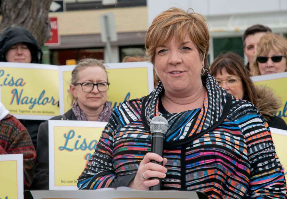 Photo by Eva Wasney
Winnipeg School Division trustee Lisa Naylor announced her intention to seek the NDP nomination for Wolseley in the next provincial election at a media event outside of the Misericordia Health Centre on April 2.