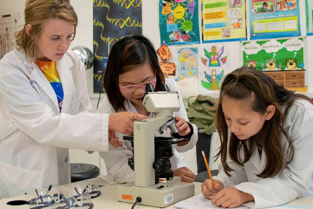 Photo by Eva Wasney
Wolseley School students Madeline Stewart (from left), Betty Ngo and Kiara Dayson analyze the results of their experiment.