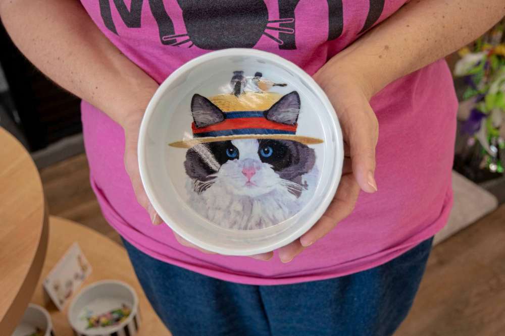 (EVA WASNEY/CANSTAR COMMUNITY NEWS/METRO)
One Spoiled Kitty co-owner Donna Harris holds a food dish available for purchase at the cat-centric store.