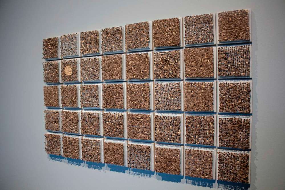 Photo by Justin Luschinski
A photo of the exhibit Breathing Hole by Maureen Gruben, on display at the WAG. The exhibit is a collection of 18,000 sealskin pins fixed to 40 squares.
