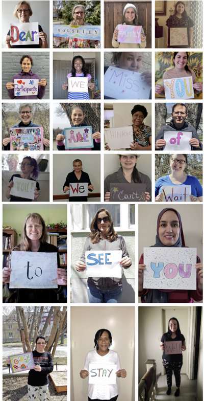 Supplied photo
A photo of several Wolseley Family Place staff holding signs showing how much they miss their clients. The organization is moving its programming online.