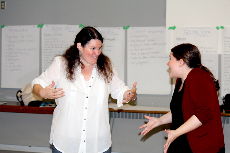 Jordan Thompson/Canstar Community News
Hope McIntyre (left) and co-facilitator Kerri Potter share a laugh during a drama session for an upcoming production called Giving Voice.