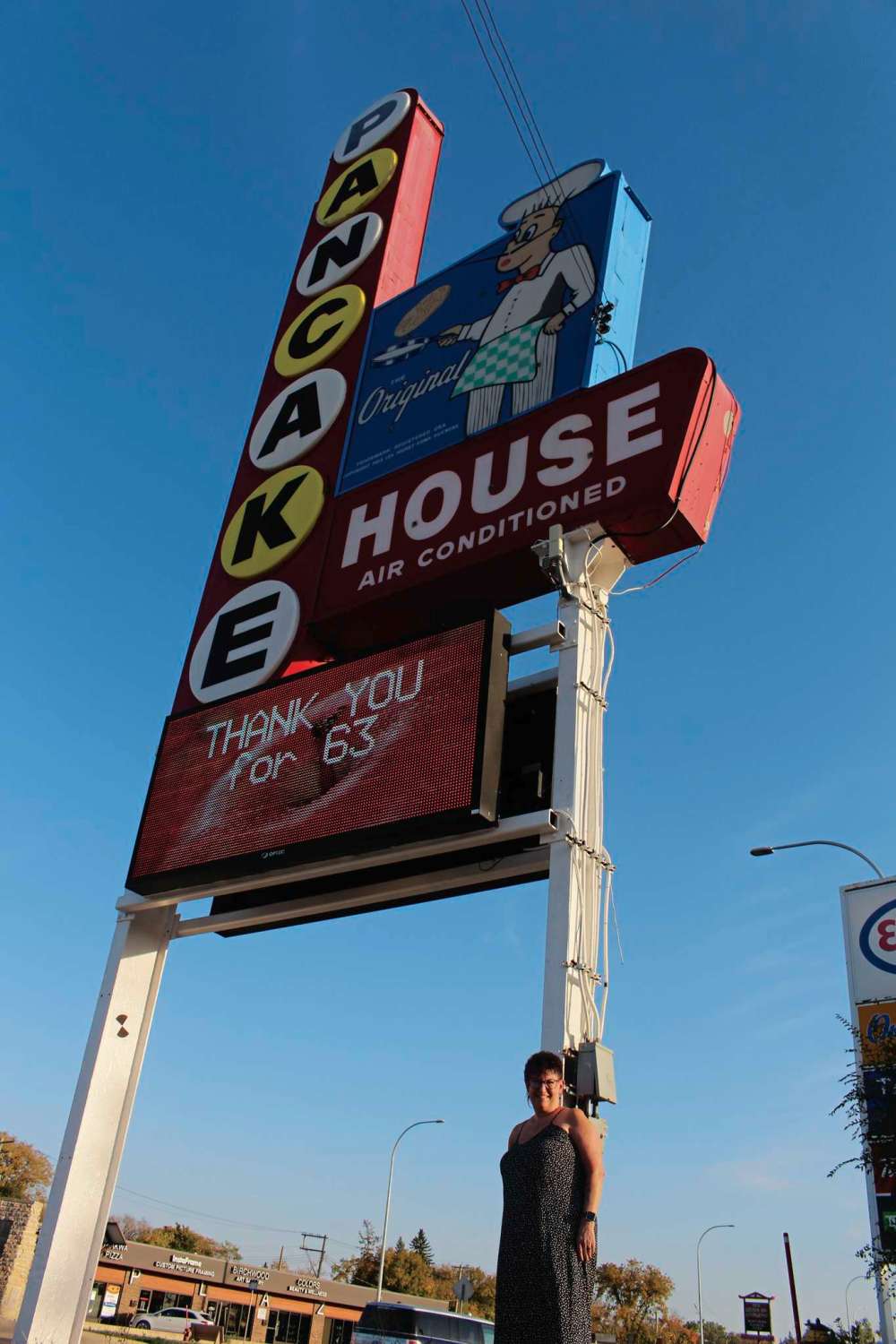 Photo by Kelsey James
Former Pancake House waitress Kristen Reimer stands in front of the restaurant’s flagship location at 1049 Pembina Highway, which was recently sold after 63 years in business.