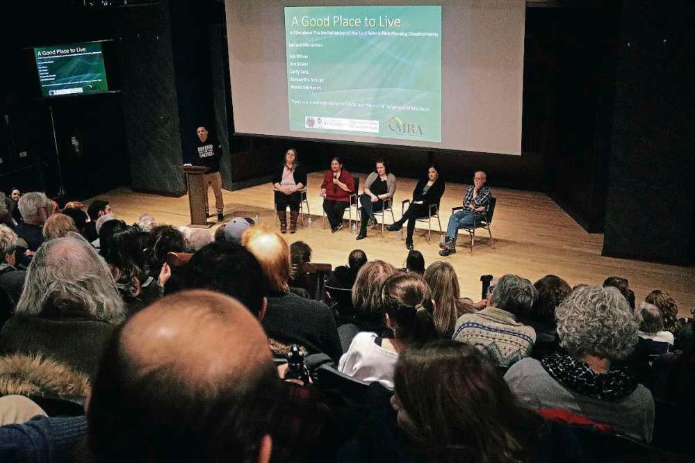 Photo by Ligia Braidotti
From left to right: Lenard Monkman, Samantha Goulet, elder Madeline Hatch, project director Carly Sass, Lord Selkirk Park Aja Oliver and University of Winnipeg professor Jim Oliver spoke at the showing of A Good Place to Live.
