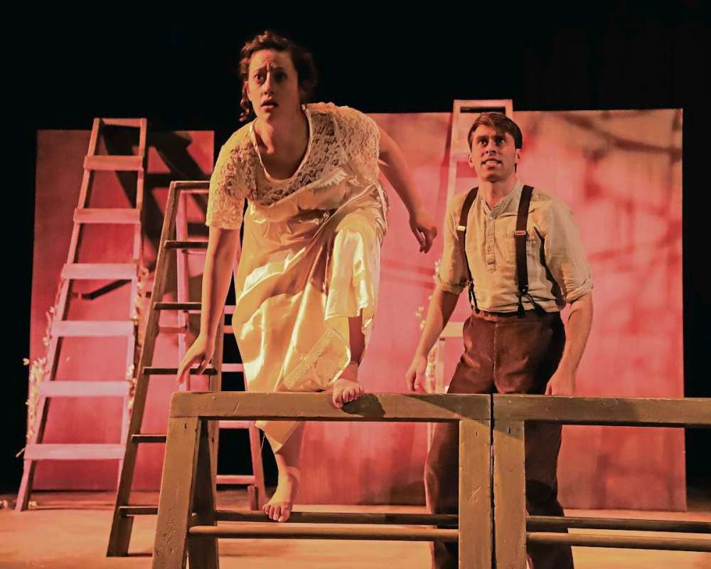Photo by Leif Norman
Sarah Flynn and Justin Fry who play Mary and Charlie in Mary’s Wedding wear costumes designed by Joseph Abetria.