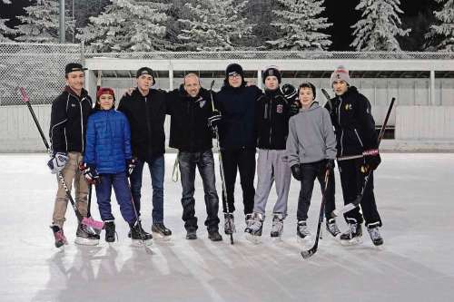 Photo by Ligia Braidotti
Tyndall Park Community Centre’s operations manager David De Sousa (fourth from left) with local boys playing hockey at the centre’s outdoor rink.