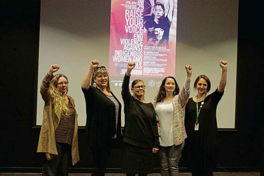 Supplied photo
(From left) Maryanne Pearce, Bernadette Smith, Leslie Spillett, Nahanni Fontaine and Erin Bockstael at the Raise Your Voice - End Violence Against Indigenous Women and Girls hosted by the Women’s Health Clinic.