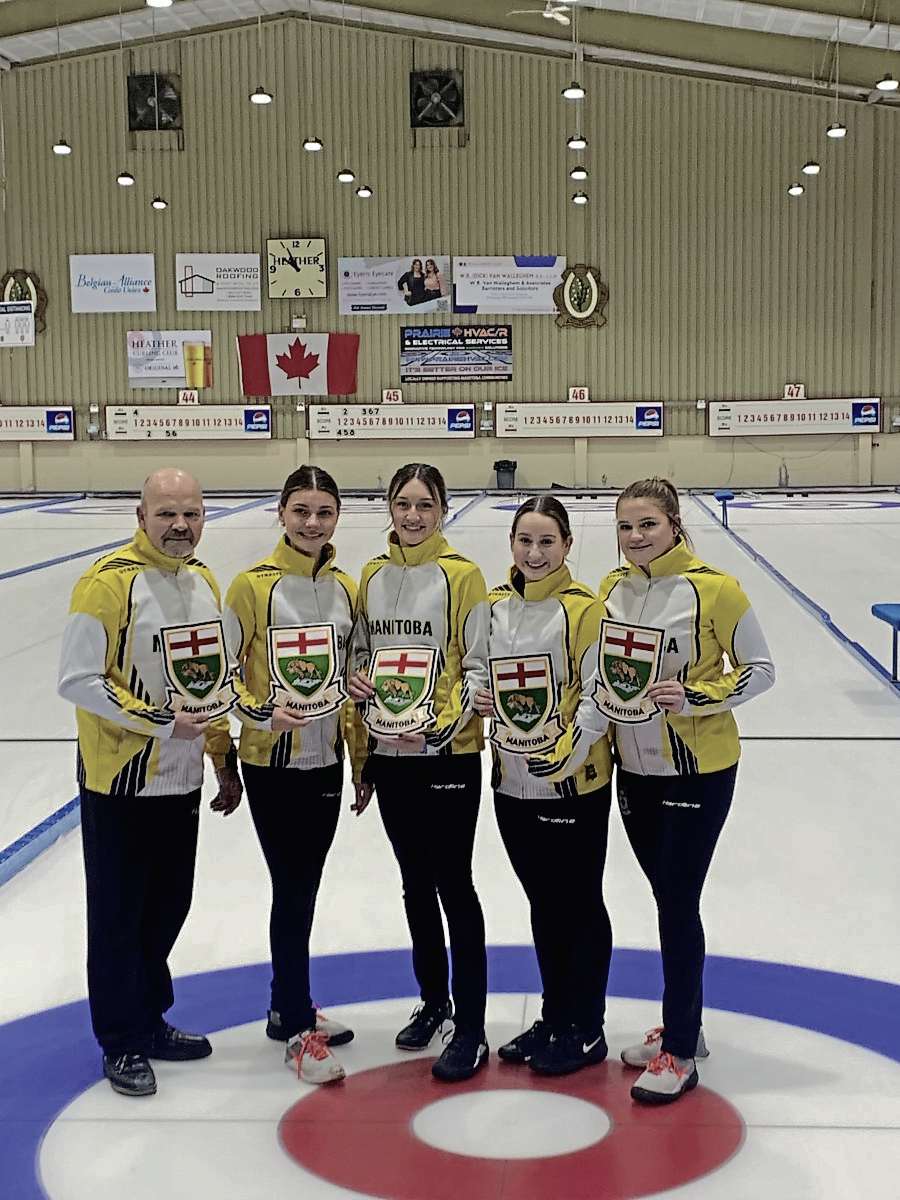 Supplied photo
East St. Paul Curling Club’s Team Walter will represent Manitoba at the national world junior qualifier in Saskatoon, Sask. Nov 22 to 27. Pictured, from left: Coach Frank Walter, lead Mackenzie Elias, second Katie McKenzie, third Lane Prokopowich, and skip Meghan Walter after winning the provincial qualifier on Nov. 6 at the Heather Curling Club.