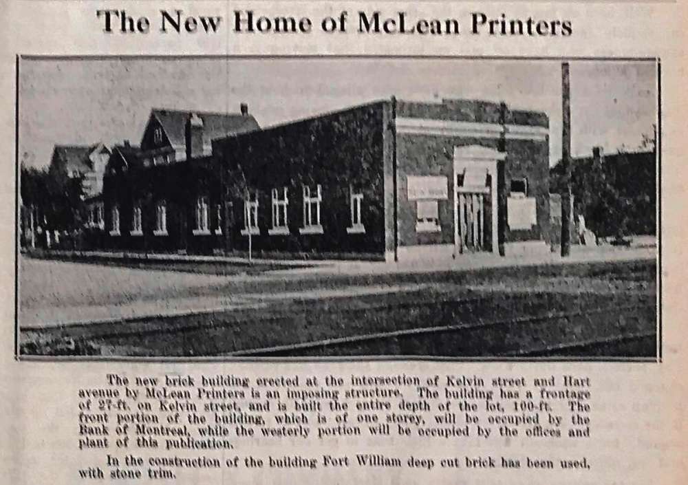 Photo courtesy of the Manitoba Legislative Library
The building at the corner of Hart Avenue and Henderson Highway was built in 1929 to house McLean Printers Ltd. The printing shop was in back, while a Bank of Montreal occupied the front space along Henderson Highway (then known as Kelvin Street).