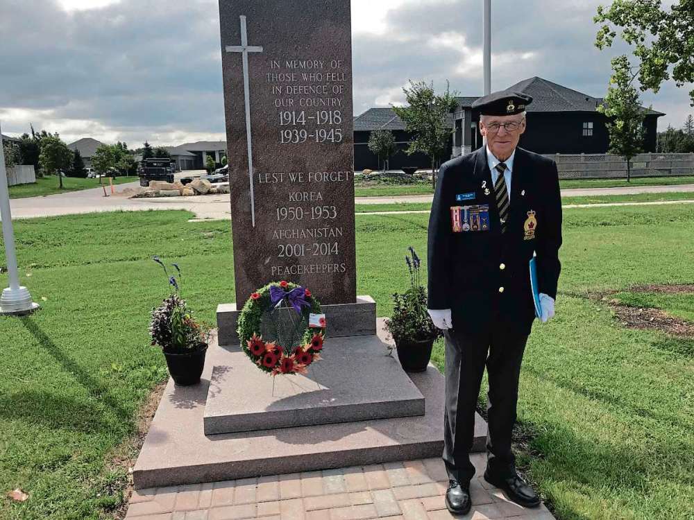 Sheldon Birnie
Henderson Legion Branch 215 president Gord Machej with the newly rededicated cenotaph at 215 Maxwell King Drive. (SHELDON BIRNIE/CANSTAR/THE HERALD)