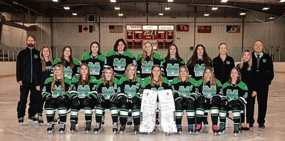 Supplied photo
The 2021-22 Murdoch MacKay women’s hockey team is competing in the Winnipeg Women’s High School Hockey League’s Hire Marketing Division this year. Pictured, back row from left: Assistant coach Trent Heintz, assistant coach Laurissa Kostiw, Alyssa Jefkins, Kaleigh Fontaine, Torian Cobbett, Caitlyn Sawatzky, Kaitlyn Davy, Kylie Loder, assistant coach Jessica Emms, manager Brienna Street, head coach Stuart Emms. Front row, from left: Alexandra Tracy, Eve Kubesh, Sarah Edwards, Rebecca Heintz, Sara Taylor, Brooklyn Ferjan, Hailey Davy, Emily Emms. Missing: Addison Naruse, assistant coach Samantha Robert.