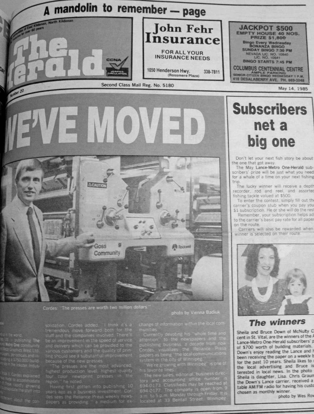 On the cover of this Herald from 1985, Brock V. Cordes, publisher of Reliance Press Community Newspapers The Herald, The Lance, The Times, and Metro One, shows off new machinery at company’s new press plant at 33 Bentall St.