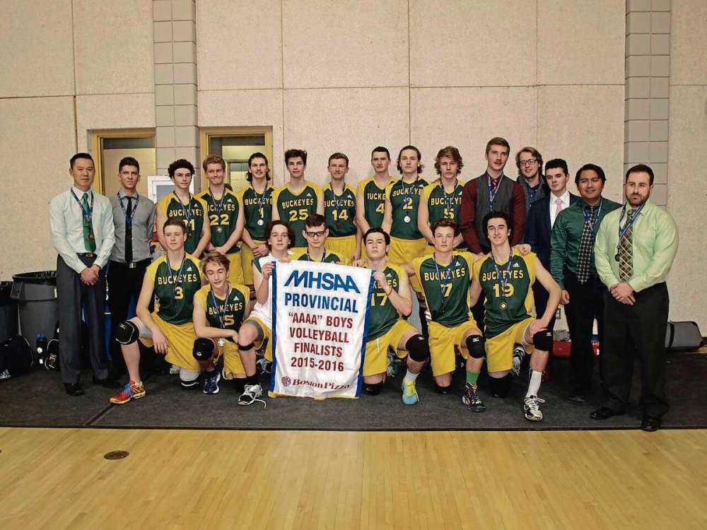 SUPPLIED PHOTO
After a near-perfect season, the Miles Mac varsity boys volleyball team lost the provincial AAAA final to St. Paul’s on Nov. 30. Back Row (from left): Head coach Tim Au, assistant coach Saul Shrom, Serge Girouard, Brandon Martens, Ashton Jeffrey, Mitchell Keber, Matthew Zawasky, Justice Lesuk, Paolo Racano, Reese Buhr, manager Christopher Hiebert, assistant coach Scott Friesen, manager Max Borys. Front row (from left): Garrett Graham, Cameron Happy, Drew Duncan, Zackery Thielmann, Everett Chartier, Kieran Smith, Austyn Ducharme, Assistant Coach Oliver Pagsuyuin, assistant coach Richard Girouard.