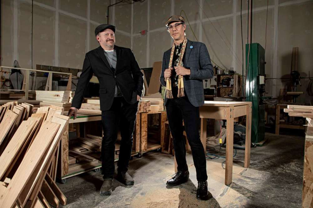 Supplied photo by Leif Norman
James Culleton (left) and Leif Norman are pictured recently. The pair has teamed up with Chris Pancoe and Art Upholstery to launch Gordon Chesterfield — a new online furniture and décor store that showcases a selection of eclectic products — including chairs, tables, clocks, and ceramics — that are made by artisans locally in Winnipeg.
