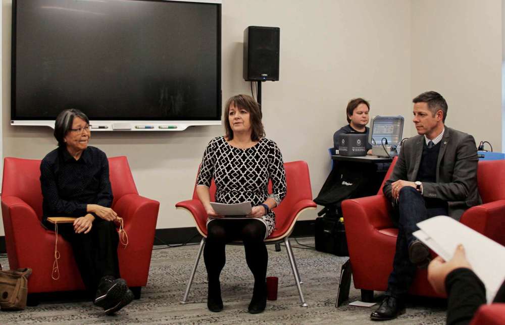 Photo by Sydney Hildebrandt
Funding for the University of Winnipeg’s Inner-City Work Study program was announced at a sharing circle on Dec. 4. (From left) Kathy Mallet, Indigenous Knowledge Keeper; Shauna Mackinnon, chair of the U of W’s Urban and Inner-City Studies Department; Mayor Brian Bowman.