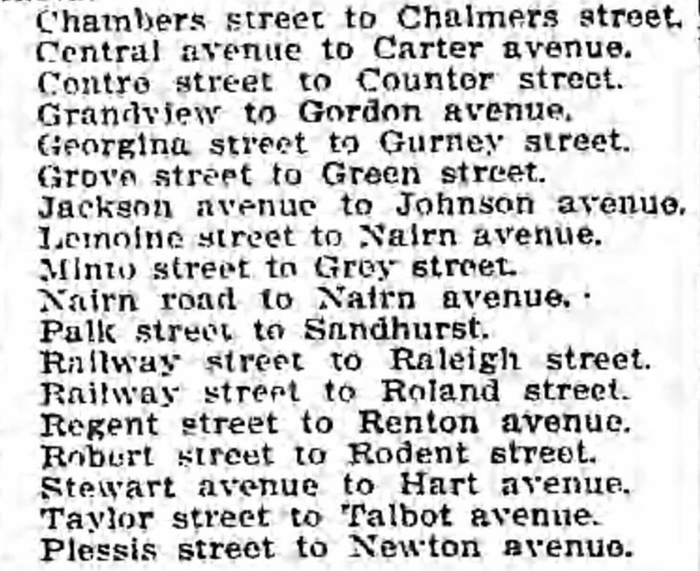 Elmwood street name changes of 1906, as published in the Winnipeg Morning Telegram on Dec. 21, 1906.