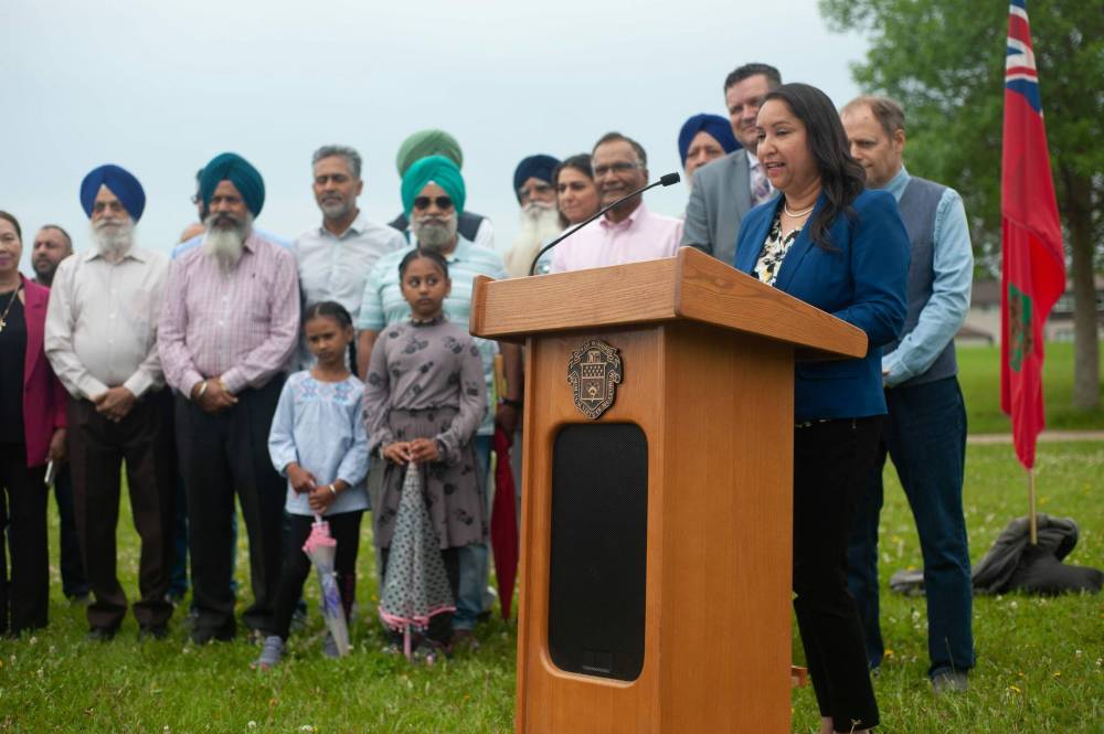 Photo by Cody Sellar
Coun. Devi Sharma announces plans to build a new splash pad with other recreation upgrades at Adsum Park in The Maples.