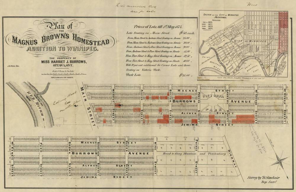 The plan of the Magnus Brown Homestead Addition to Winnipeg (1874) by D. Sinclair for Copp, Clark & Co. Lithographers, Toronto.