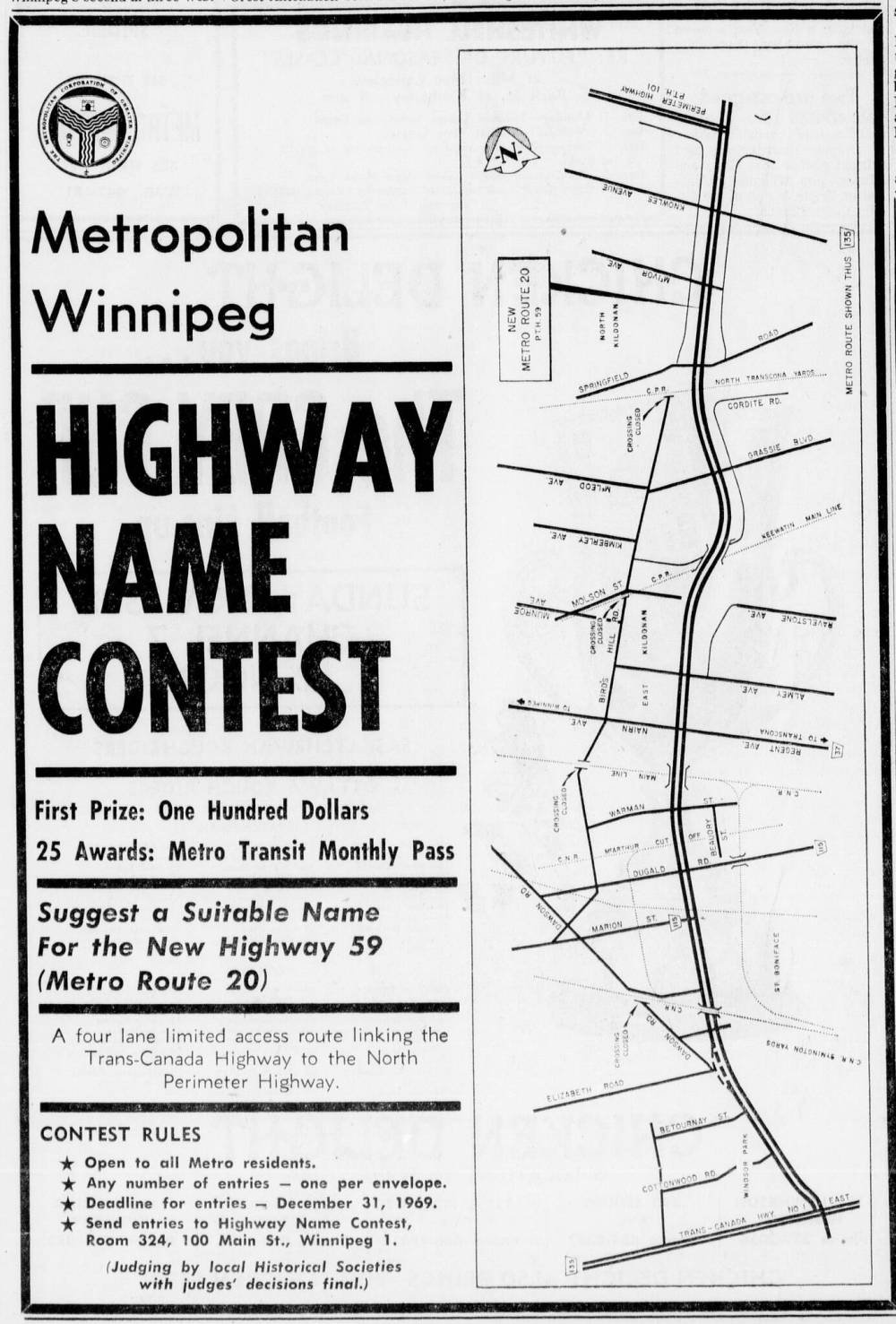 Supplied image
A newspaper advertisment for the Metropolitan Corporation of Greater Winnipeg’s a ‘name-the-highway’ contest to name its newly opened, north-south Metro Route 20.