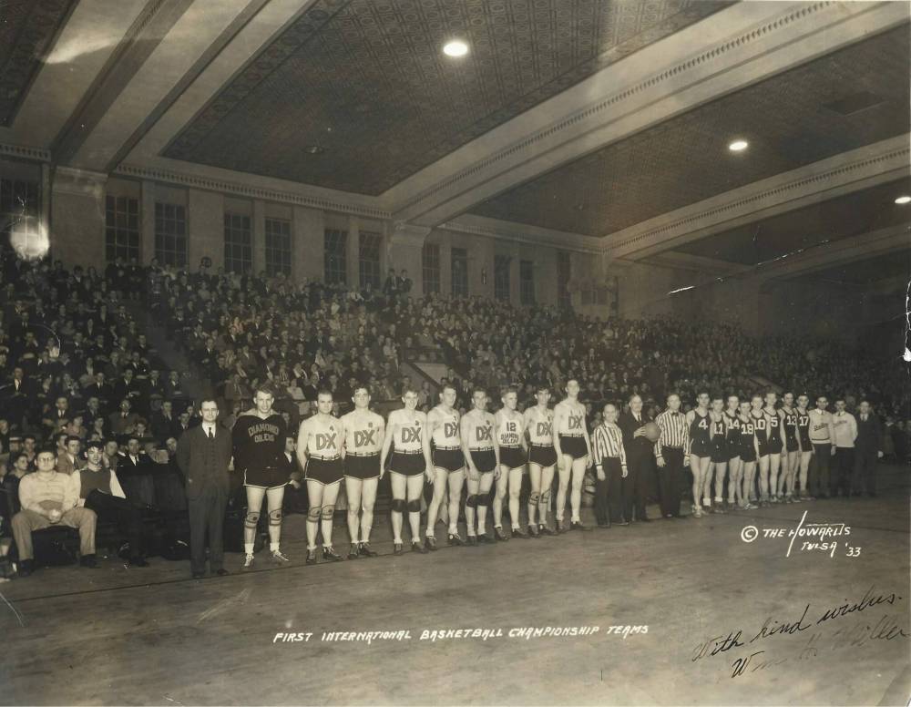 Supplied photo
The U.S. AAU basketball champion Diamond Oilers (at left) met the Canadian champion Toilers, of Winnipeg, in a basketball game billed as an international championship contest in Tulsa, Okla., in 1933. The Toilers plane crashed in Kansas on the way home, on March 31, 1933, killing six people and injuring seven others.