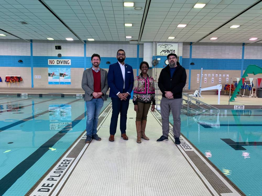 Supplied photo
Coun. Matt Allard (St. Boniface); Obby Khan, minister of sport, culture and heritage; and Eric Schmitt of the City of Winnipeg joined Southdale MLA Audrey Gordon (second from right) at the announcement of a $4.5 million grant that will be used to renovate Bonivital Pool.