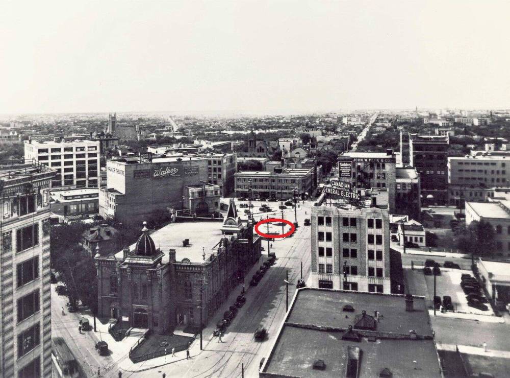 Archives of Manitoba, Peter McAdam Collection
Grace Church (bottom left) with Odeon Park (circled) behind it, as it looked in 1935.