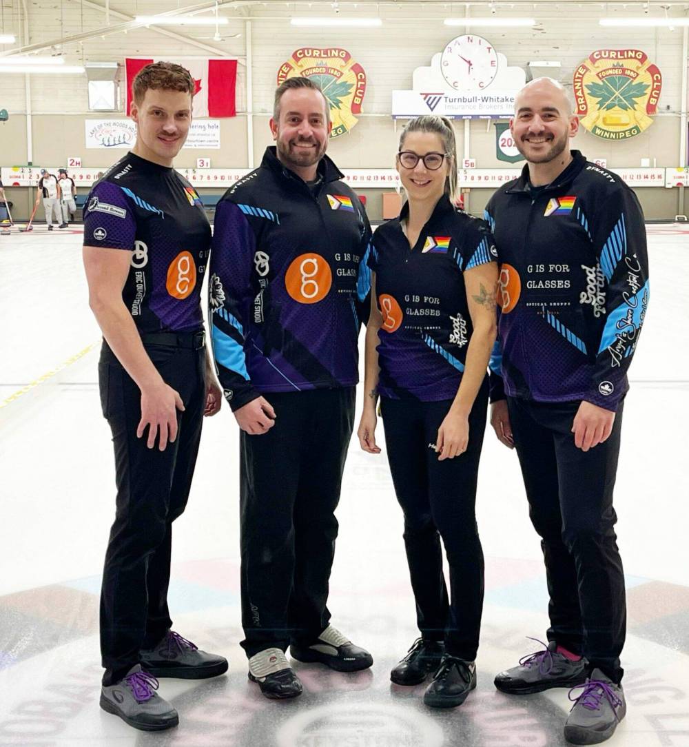 Supplied photo
(From left) Ryan Miller, Mark Lawson, Nikki Webb and Corey Boisvert play regularly in the Keystone Pride Curling League at the Granite Curling Club.