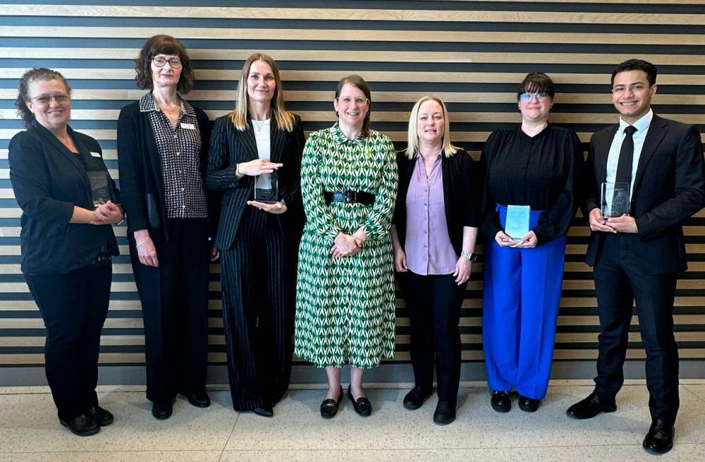 Supplied photo
Pictured at the 2024 Excellence in Business Awards, presented May 16 by the Assiniboia Chamber of Commerce are (from left) Kari Parker and Wanda Metro (Sturgeon Creek 1); Jill Chapman (CentrePort Canada); Kristi Meek (Assiniboia Chamber); Naomi Lundgren and Sarah Buchan (St. James Assiniboia 55-plus Centre); Marco Soares (JasperVOCAL).