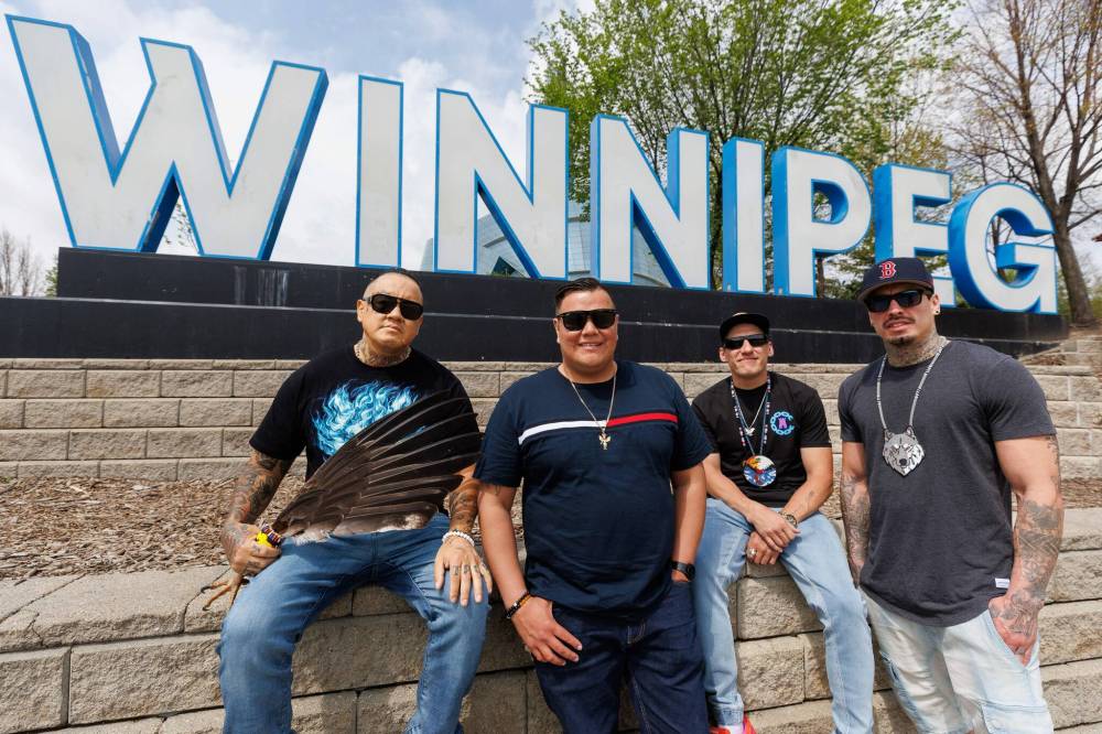 Free Press file photo by Mike Deal
(From left): Tim Barron, Jeremy Raven, Glen Hondz, and Terrence Morin are Four Sacred Hearts, a grassroots Indigenous-led organization dedicated to healing from addictions, inter-generational trauma and the impact of the residential school system.