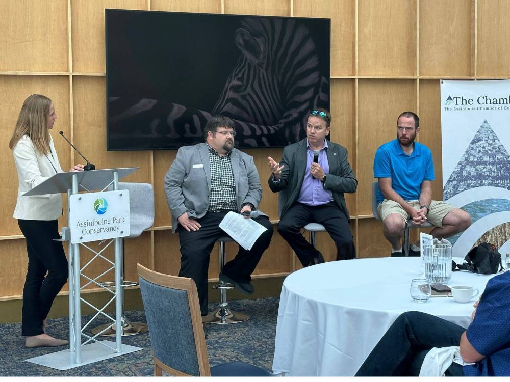 Supplied photo
(From left) Christa Rust, Archie Pronger, Brent Poole, and Josh Friesen at the recent Climate Change and Sustainability Practices Panel Luncheon held by the Assiniboia Chamber of Commerce at the Assiniboine Park Pavilion.