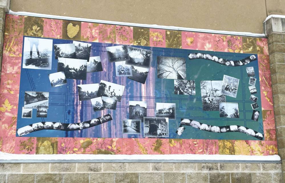 Photos by John Kendle
Gathering Light: Capturing Community is a pair of photo-collage panels on the north exterior wall of the gym at the Isaac Brock site of Valour Community Centre. The pieces were created by members of the South Valour Residents Association, in collaboration with visual artist Sarah Crawley, through the Winnipeg Arts Council’s With Art program.