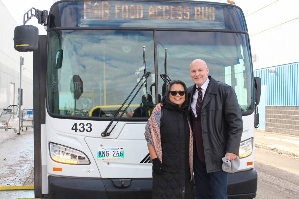 Supplied photo
Leilani Esteban Villarba, executive director of the Chalmers Neighbourhood Renewal Corporation (left), and Coun. Jason Schreyer (Elmwood-East Kildonan) worked together to bring the Food Access Bus to residents in Elmwood, East Kildonan, and North Kildonan. The initiative, which runs once a month, will bring local seniors from their homes to grocery stores and back again.