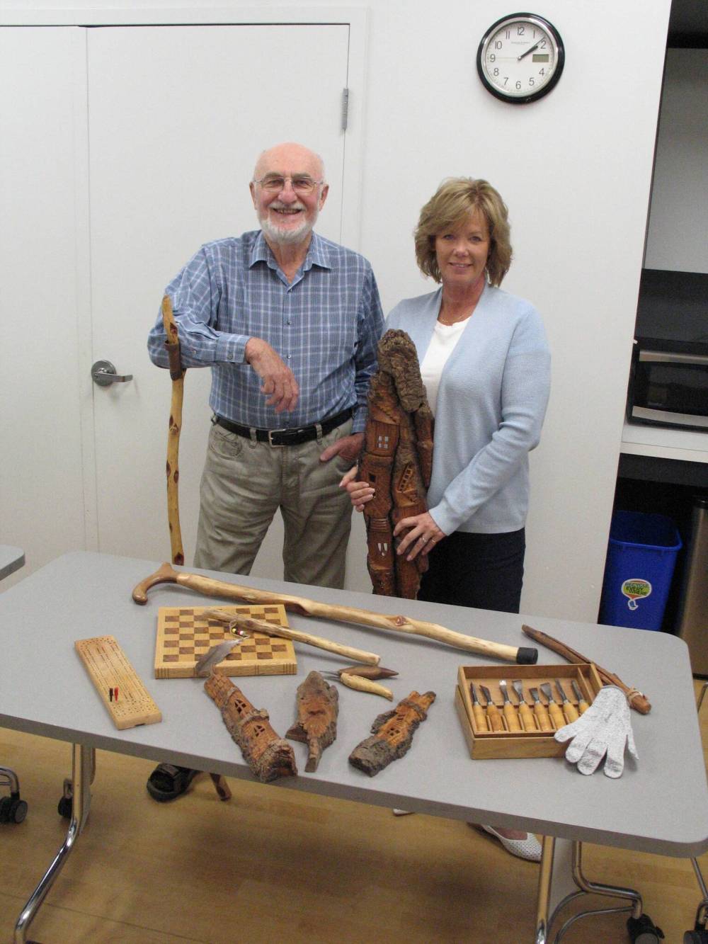 Photo by Simon Fuller
From left: Ben Salnikowski and Margie Reis are pictured recently at Garden City Community Centre/Seven Oaks Sportsplex (725 Kingsbury Ave.) with some assorted woodcarvings. The venue will play host to the new Garden City Men’s Shed group, starting in September.