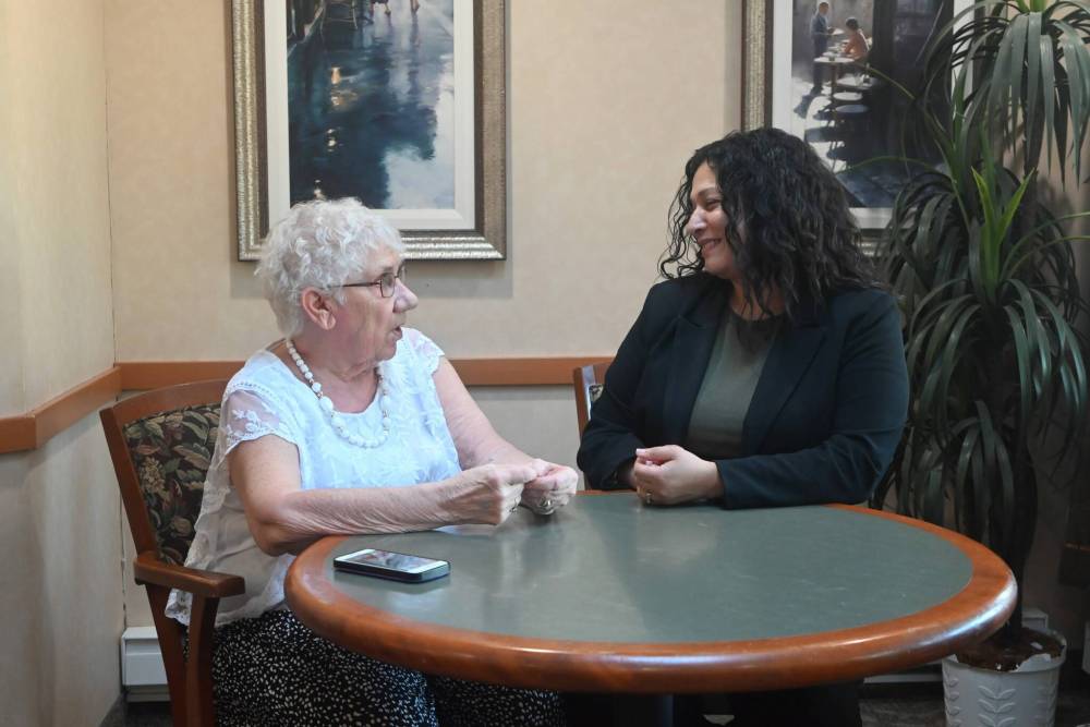 Supplied photo
MLA Nellie Kenned enjoying great conversation with Mona Forsyth at the seniors’ ice cream party she hosted at Sturgeon Creek Retirement Residence — celebrating community and connection.