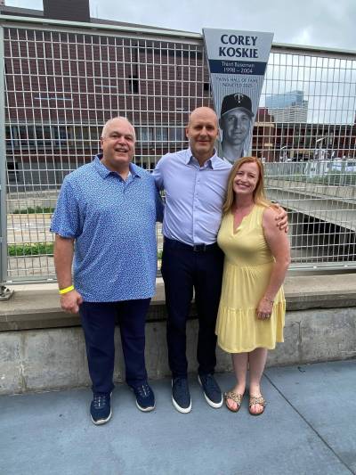 Supplied photo
                                (From left) Lorne Korol, Corey Koskie, Heather Korol at Koskie’s induction into the Minnesota Twins Hall of Fame before the Twins’ Aug. 17 game against the Detroit Tigers.